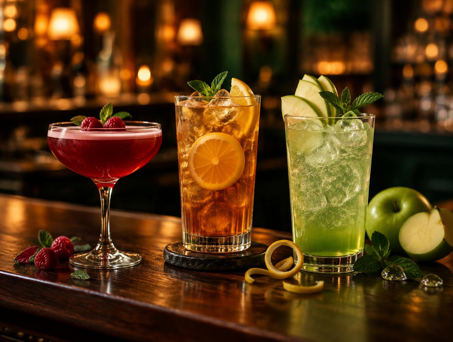 Drinks, chá gelado e soda italiana servidos no balcão de um bar