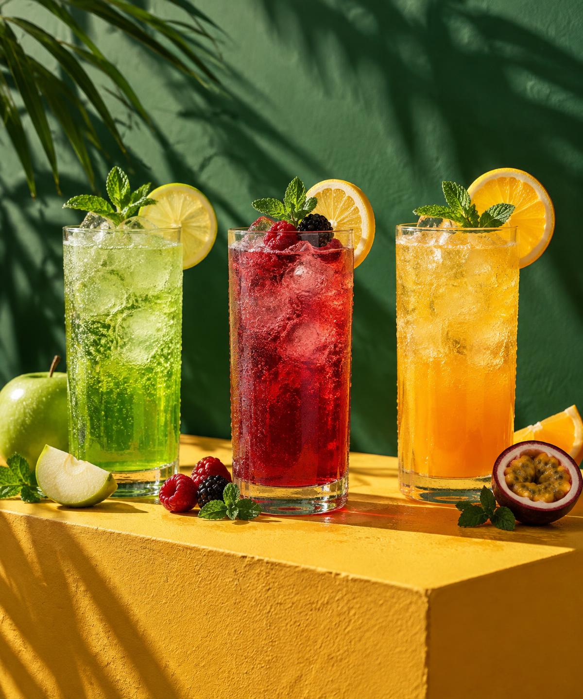 Sodas italianas de maçã verde, frutas vermelhas e tropical servidas com gelo